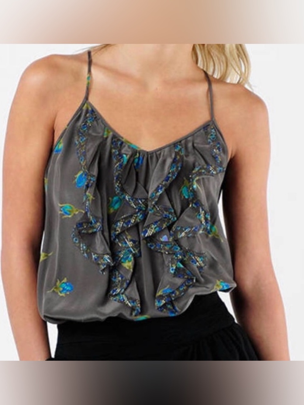 Rebecca Taylor Silk Floral Ruffle Cami Gray Blue Print Size 2